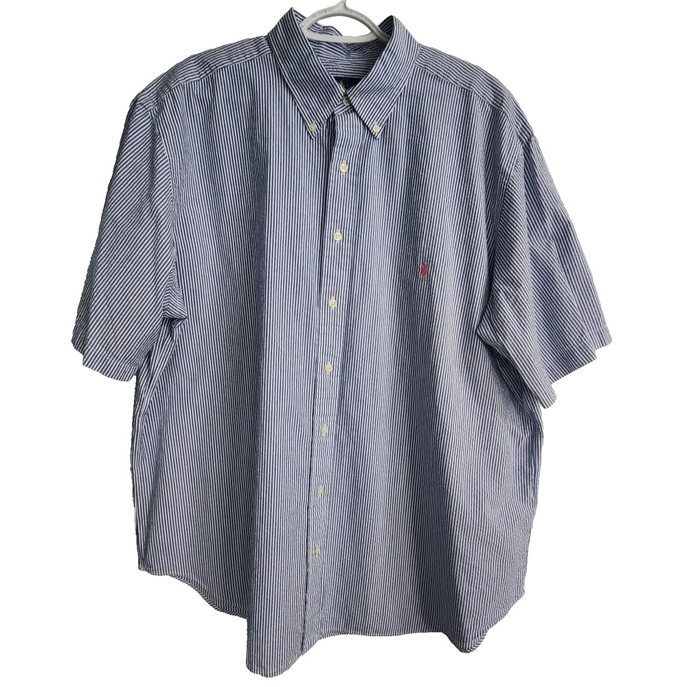 Ralph Lauren Shirt Men's 2X Blue White Striped Seersucker Button Up Preppy